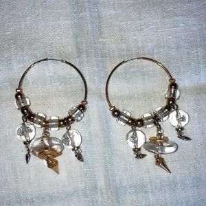 EUC GT w/ clear & gold beads on hoops 1 3/4” dia. L. 3”, 3 dangles.  $23